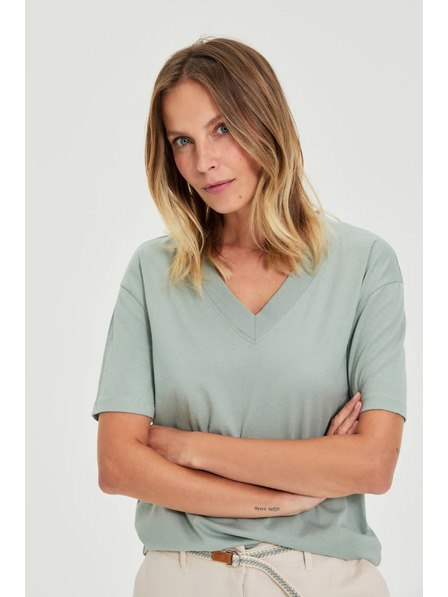 Moodo Bombažna bluza z V izrezom "V" olivna Moodo