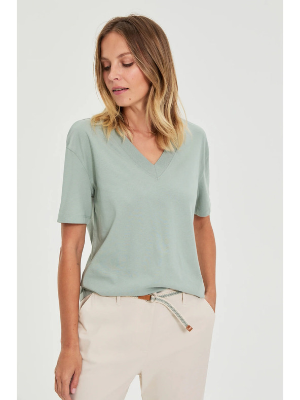 Moodo Bombažna bluza z V izrezom "V" olivna Moodo