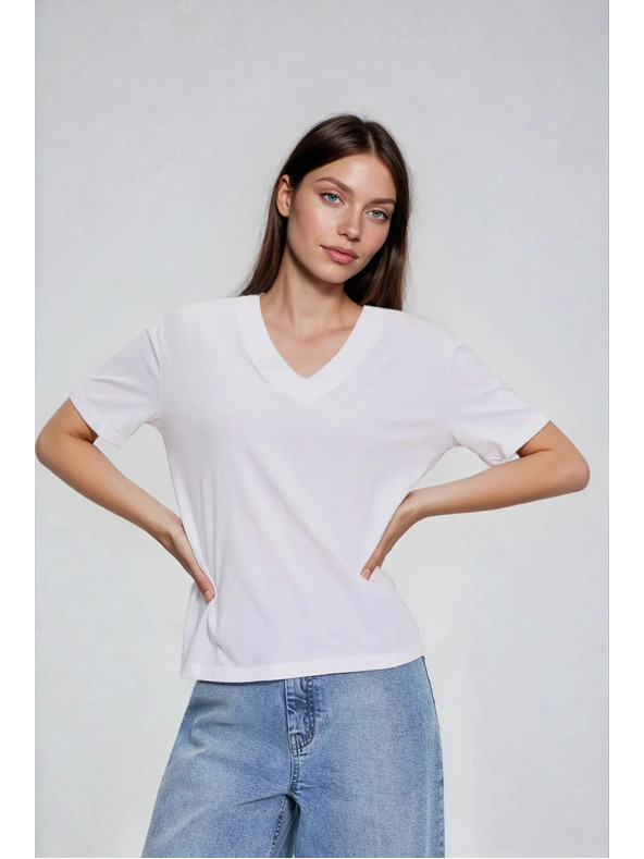Moodo Bombažna bluza z V izrezom bela Moodo