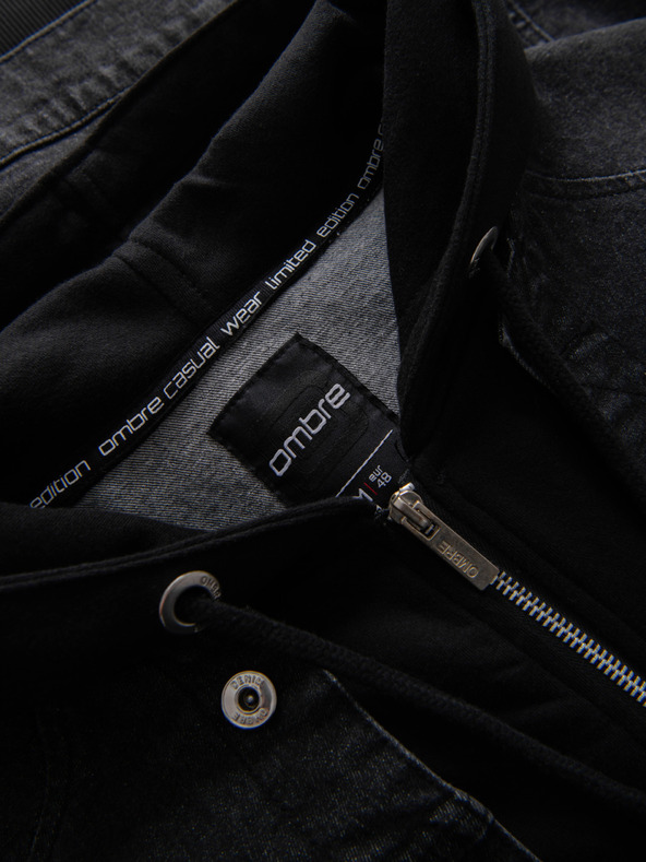Ombre Clothing Moška jeans jakna s pletenima rokaviema in kapuco - črna V3 OM-JADJ-0220 Ombre Clothing
