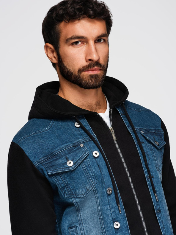 Ombre Clothing Moška jeans jakna s pletenima rokaviema in kapuco - modra in črna V2 OM-JADJ-0220 Ombre Clothing