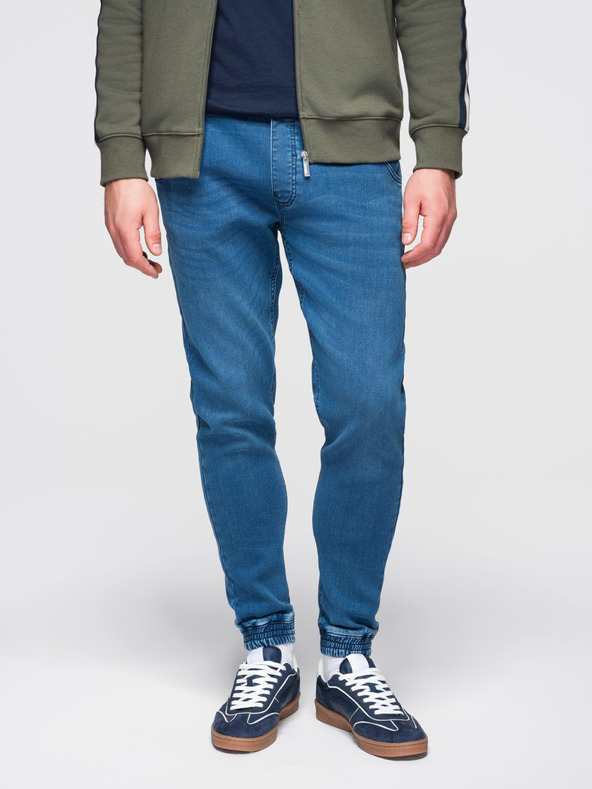 Ombre Clothing Moške jeans hlače s shnurko v pasu - modre V1 OM-PADJ-0242 Ombre Clothing