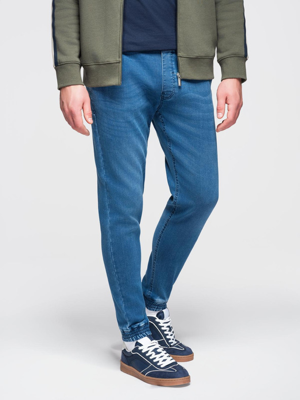 Ombre Clothing Moške jeans hlače s shnurko v pasu - modre V1 OM-PADJ-0242 Ombre Clothing