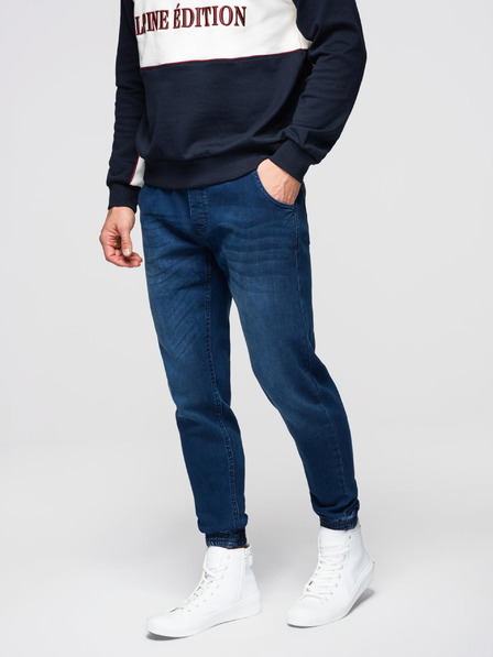 Ombre Clothing Moške jeans hlače z rebrasto pas - temno modre V3 OM-PADJ-0242 Ombre Clothing