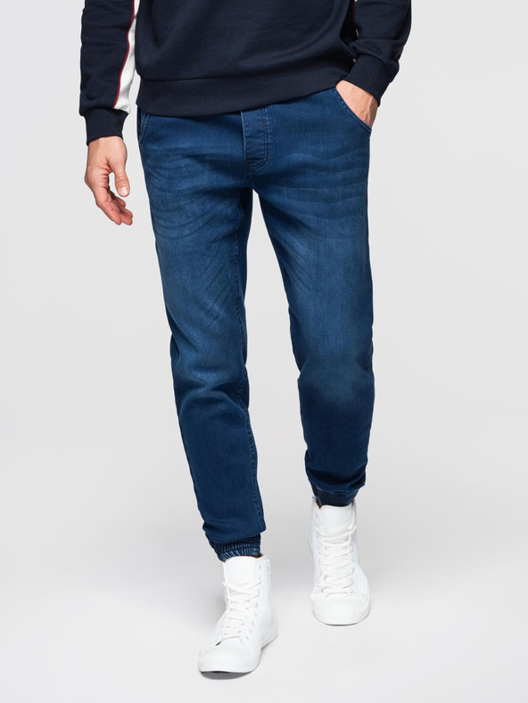 Ombre Clothing Moške jeans hlače z rebrasto pas - temno modre V3 OM-PADJ-0242 Ombre Clothing