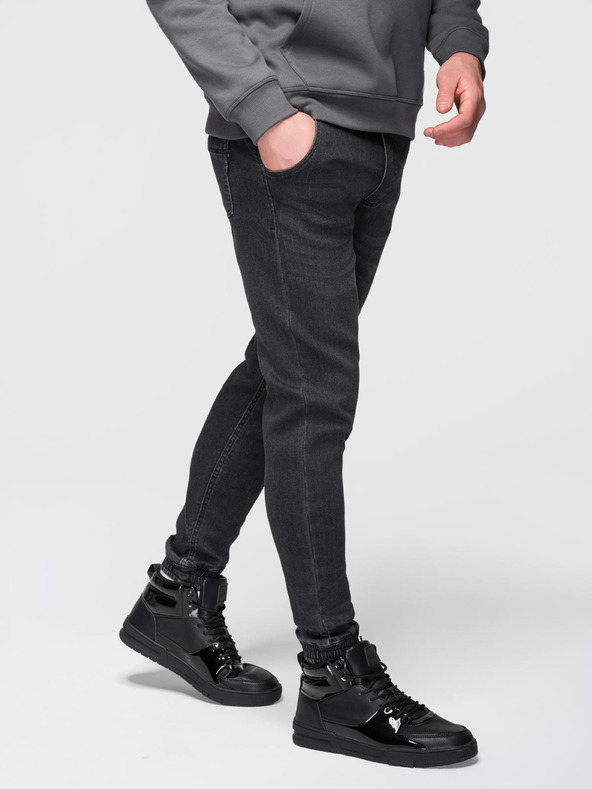 Ombre Clothing Moške jeans hlače s shnurko v pasu - črne V4 OM-PADJ-0242 Ombre Clothing