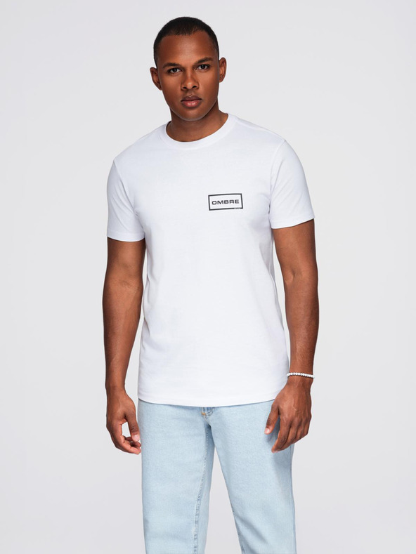 Ombre Clothing Moška pletenina majica REGULAR reza s tiskanjem - bela V1 OM-TSPT-0231 Ombre Clothing