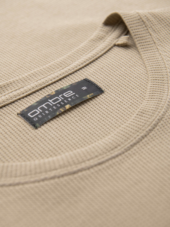 Ombre Clothing Moška majica z okroglim izrezom in vaflasto teksturo - pesek V2 OM-TSCT-0197 Ombre Clothing