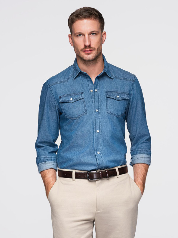 Ombre Clothing Moška jeans srajca na gumbe s žepi - modra V2 OM-SHDS-0210 Ombre Clothing