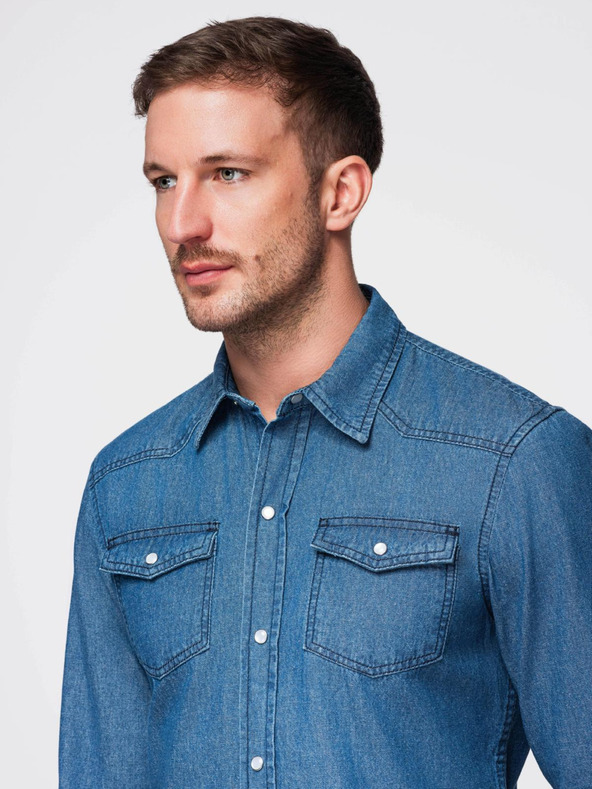 Ombre Clothing Moška jeans srajca na gumbe s žepi - modra V2 OM-SHDS-0210 Ombre Clothing