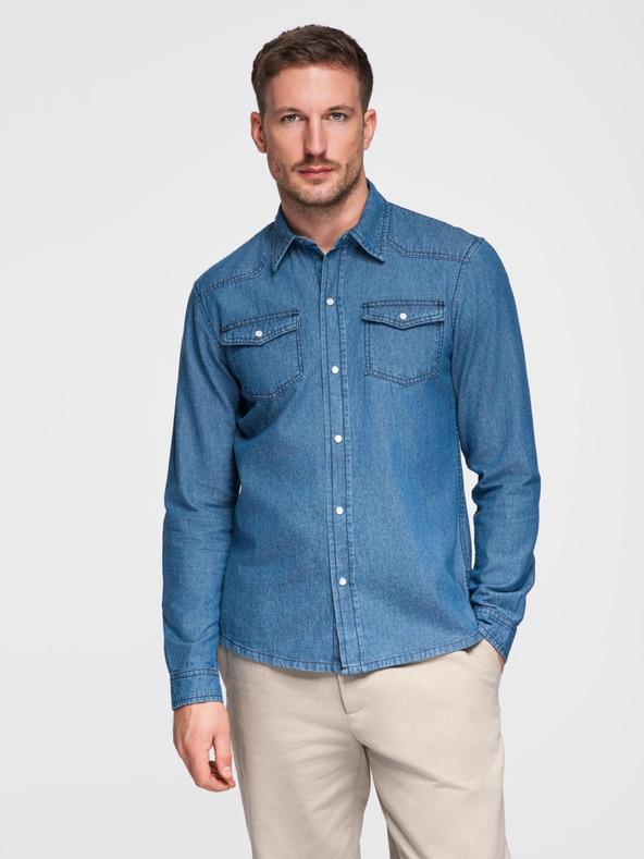 Ombre Clothing Moška jeans srajca na gumbe s žepi - modra V2 OM-SHDS-0210 Ombre Clothing