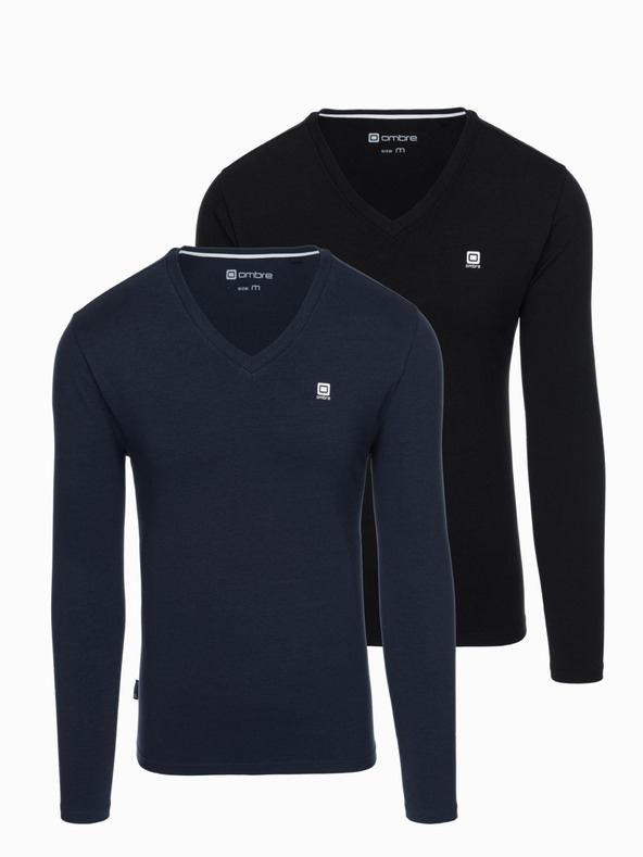 Ombre Clothing Komplet moških dolgih rokavov SLIM FIT z V izrezom in logotipom 2-pack - temno modra/črna mešanica V3 Z103 Ombre Clothing