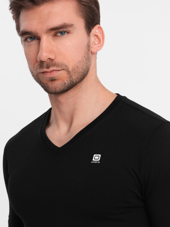 Ombre Clothing Komplet moških dolgih rokavov SLIM FIT z V izrezom in logotipom 2-pack - temno modra/črna mešanica V3 Z103 Ombre Clothing