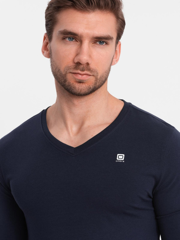 Ombre Clothing Komplet moških dolgih rokavov SLIM FIT z V izrezom in logotipom 2-pack - temno modra/črna mešanica V3 Z103 Ombre Clothing