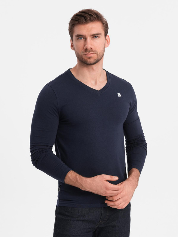 Ombre Clothing Komplet moških dolgih rokavov SLIM FIT z V izrezom in logotipom 2-pack - temno modra/črna mešanica V3 Z103 Ombre Clothing