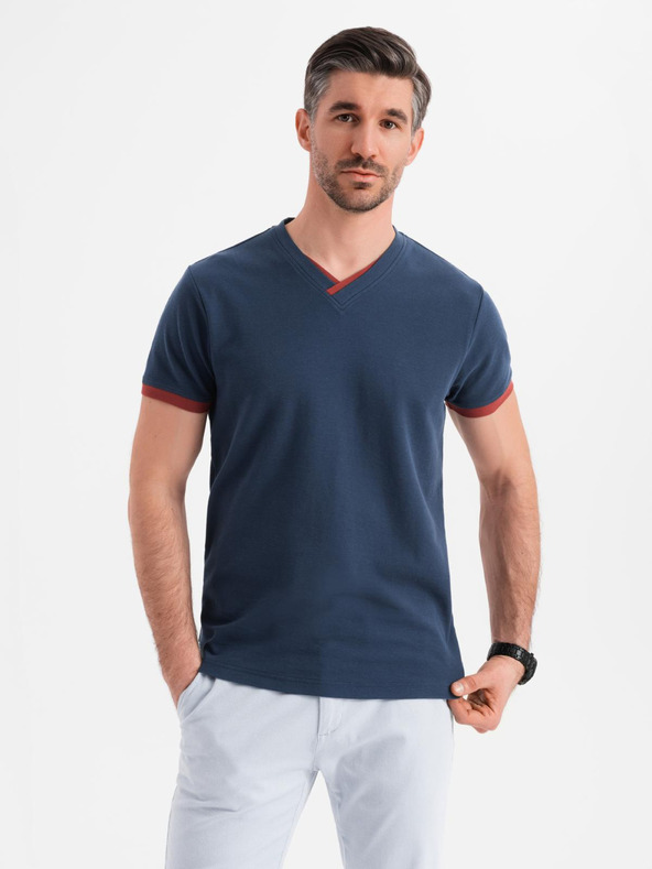 Ombre Clothing Moška majica s kontrastnimi vstavki in izrezom - temno modra V1 OM-TSCT-0198 Ombre Clothing