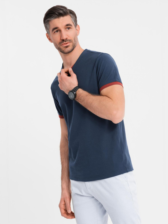 Ombre Clothing Moška majica s kontrastnimi vstavki in izrezom - temno modra V1 OM-TSCT-0198 Ombre Clothing