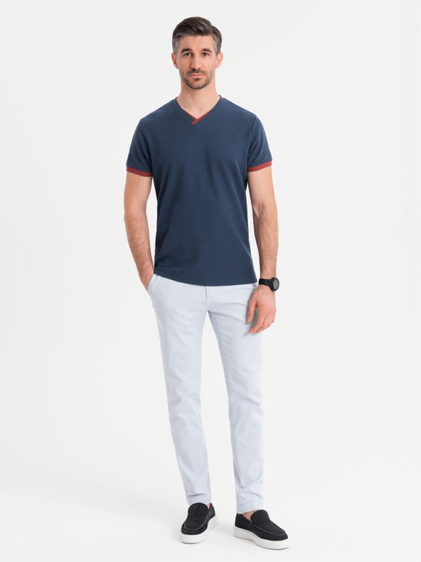 Ombre Clothing Moška majica s kontrastnimi vstavki in izrezom - temno modra V1 OM-TSCT-0198 Ombre Clothing
