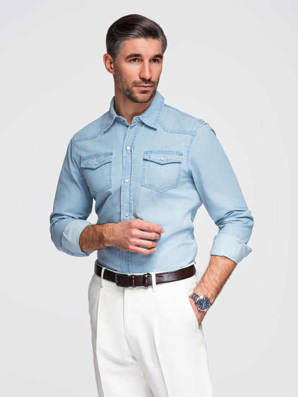 Ombre Clothing Moška jeans srajca s žepi na gumbe - svetlo modra V1 OM-SHDS-0210 Ombre Clothing