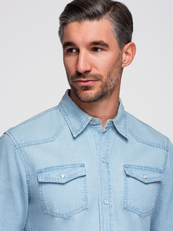 Ombre Clothing Moška jeans srajca s žepi na gumbe - svetlo modra V1 OM-SHDS-0210 Ombre Clothing