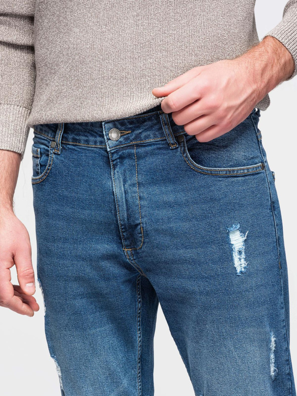Ombre Clothing Moške jeans hlače SLIM FIT s potrganostmi - temno modre V2 OM-PADP-0255 Ombre Clothing