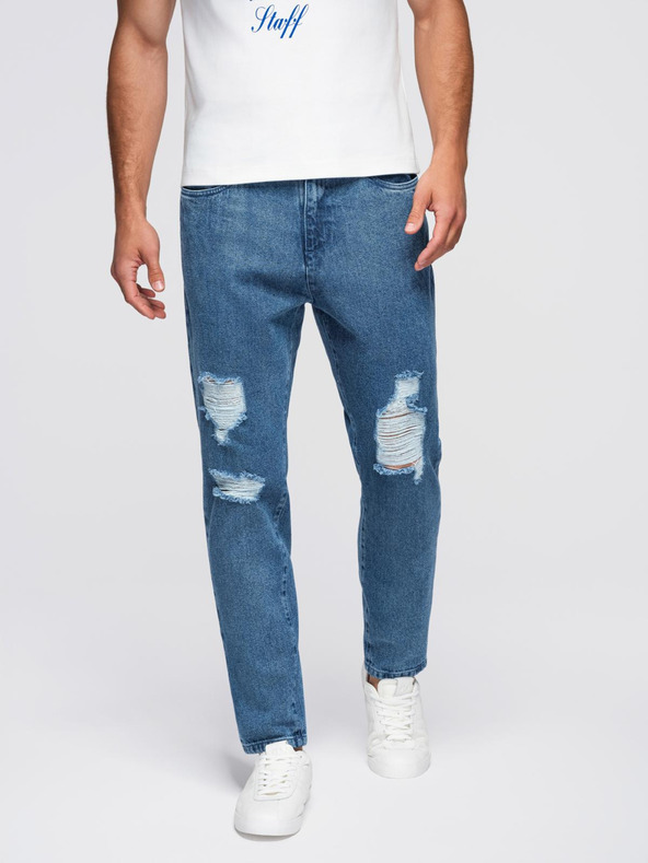 Ombre Clothing Moške jeans hlače CARROT FIT s potrganimi robovi - modre V2 OM-PADP-0250 Ombre Clothing