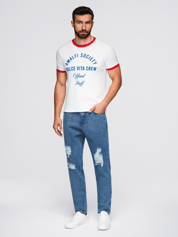 Ombre Clothing Moške jeans hlače CARROT FIT s potrganimi robovi - modre V2 OM-PADP-0250 Ombre Clothing