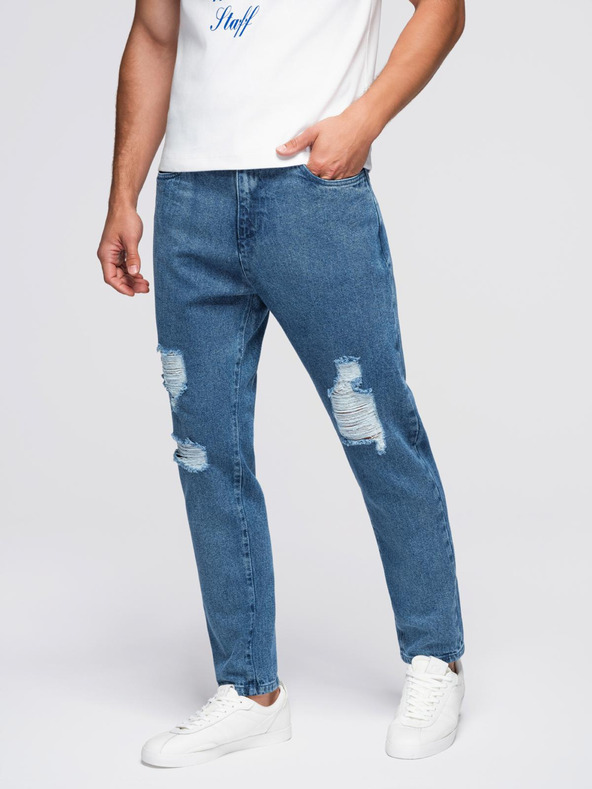 Ombre Clothing Moške jeans hlače CARROT FIT s potrganimi robovi - modre V2 OM-PADP-0250 Ombre Clothing