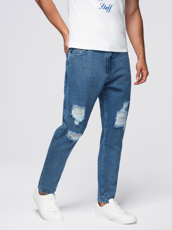 Ombre Clothing Moške jeans hlače CARROT FIT s potrganimi robovi - modre V2 OM-PADP-0250 Ombre Clothing