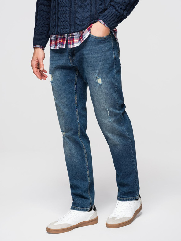 Ombre Clothing Moške jeans hlače REGULAR FIT s potrganostmi - temno modre V2 OM-PADP-0254 Ombre Clothing