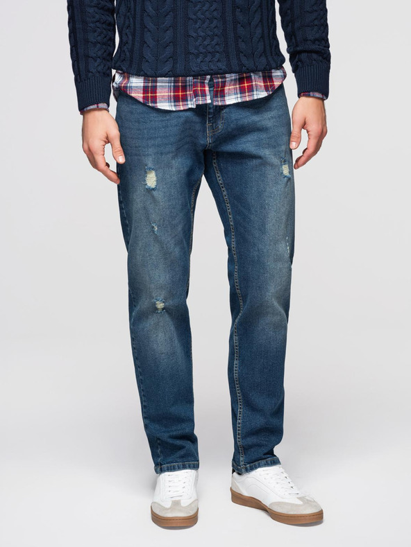 Ombre Clothing Moške jeans hlače REGULAR FIT s potrganostmi - temno modre V2 OM-PADP-0254 Ombre Clothing