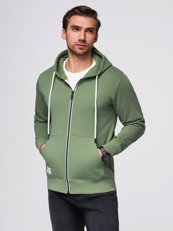 Ombre Clothing Moški pulover BASIC na zadrgo s kapuco - zelena V3 OM-SSBZ-0178 Ombre Clothing