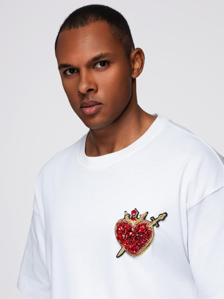 Ombre Clothing Moška bombažna majica z nanosom nakit na prsih - smetanova bela V2 OM-TSCT-0290 Ombre Clothing