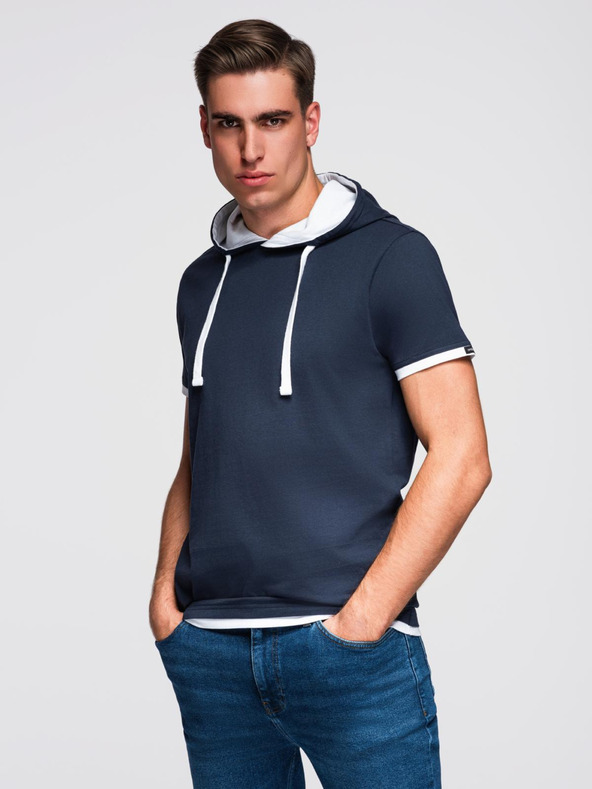 Ombre Clothing Moška bombažna majica s kapuco - temno modra V4 OM-TSCT-0256 Ombre Clothing