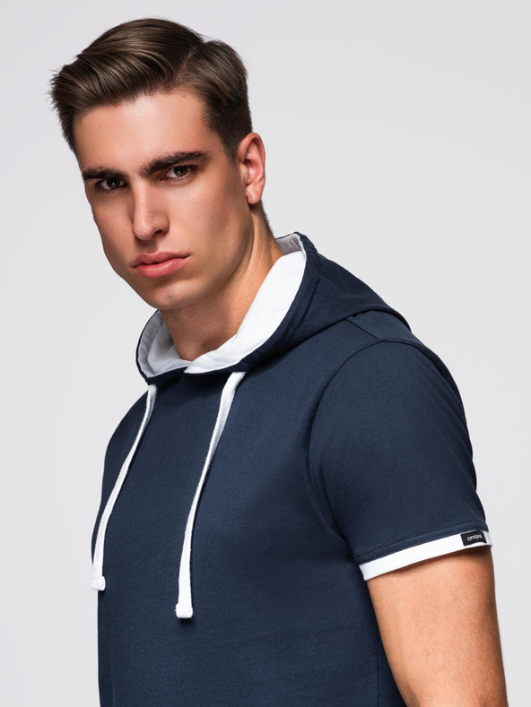Ombre Clothing Moška bombažna majica s kapuco - temno modra V4 OM-TSCT-0256 Ombre Clothing