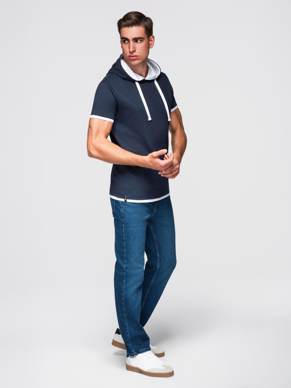 Ombre Clothing Moška bombažna majica s kapuco - temno modra V4 OM-TSCT-0256 Ombre Clothing
