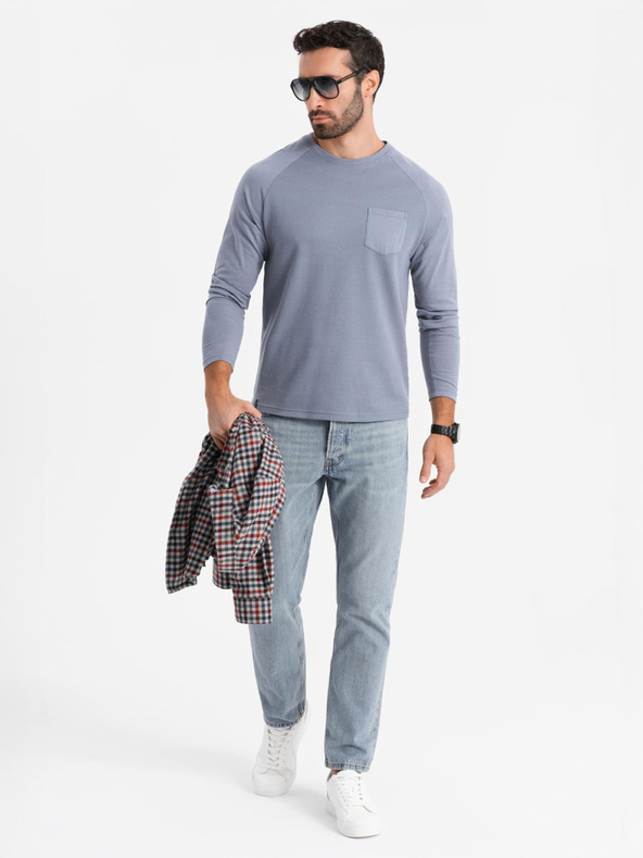 Ombre Clothing Moški bombažni dolgi rokavi z vafljevim piletom in žepi - modra denim V8 OM-LSCL-0109 Ombre Clothing
