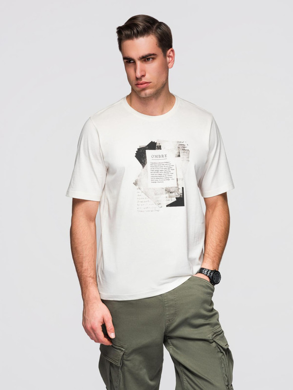 Ombre Clothing Moška bombažna majica z zanimivim tiskom na prsih - bela V2 OM-TSPT-0261 Ombre Clothing