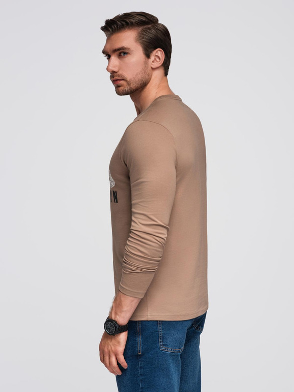 Ombre Clothing Moška majica z mestnim tiskom in dolgimi rokavi - svetlo rjava V1 OM-LSPT-0131 Ombre Clothing