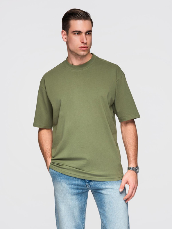 Ombre Clothing Moška bombažna majica LOOSE FIT z okroglim vratom - temno olivno zelena V8 OM-TSBC-0267 Ombre Clothing