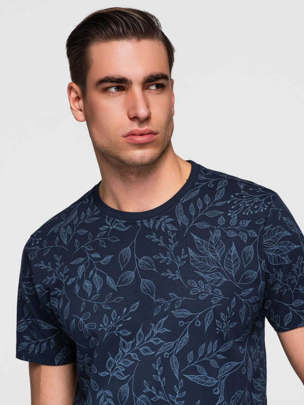 Ombre Clothing Moška bombažna majica s cvetličnim tiskom - temno modra V4 OM-TSFP-0262 Ombre Clothing