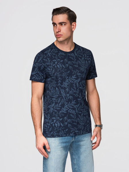 Ombre Clothing Moška bombažna majica s cvetličnim tiskom - temno modra V4 OM-TSFP-0262 Ombre Clothing