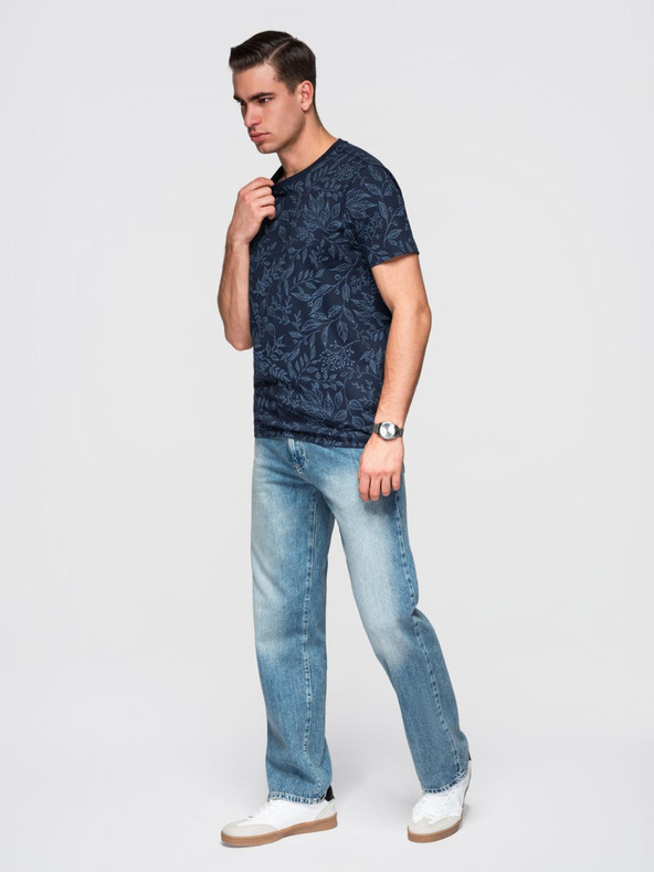 Ombre Clothing Moška bombažna majica s cvetličnim tiskom - temno modra V4 OM-TSFP-0262 Ombre Clothing