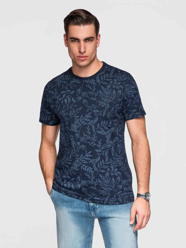 Ombre Clothing Moška bombažna majica s cvetličnim tiskom - temno modra V4 OM-TSFP-0262 Ombre Clothing