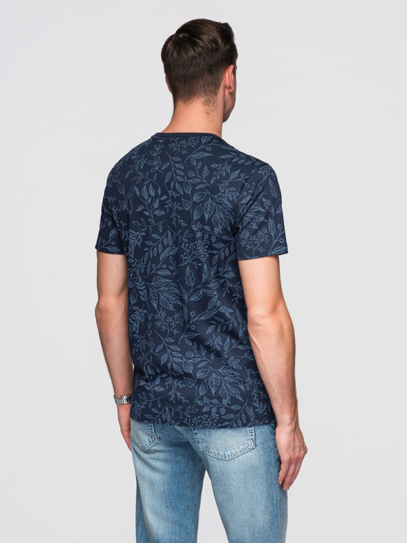 Ombre Clothing Moška bombažna majica s cvetličnim tiskom - temno modra V4 OM-TSFP-0262 Ombre Clothing