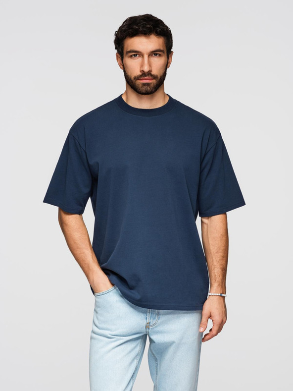 Ombre Clothing Moška bombažna majica LOOSE FIT z okroglim vratom - temno modra V9 OM-TSBC-0267 Ombre Clothing