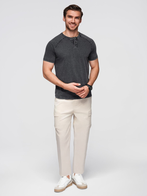 Ombre Clothing Moška majica z umivanjem učinka in gumbi pri vratu - črna V1 OM-TSWT-0150 Ombre Clothing