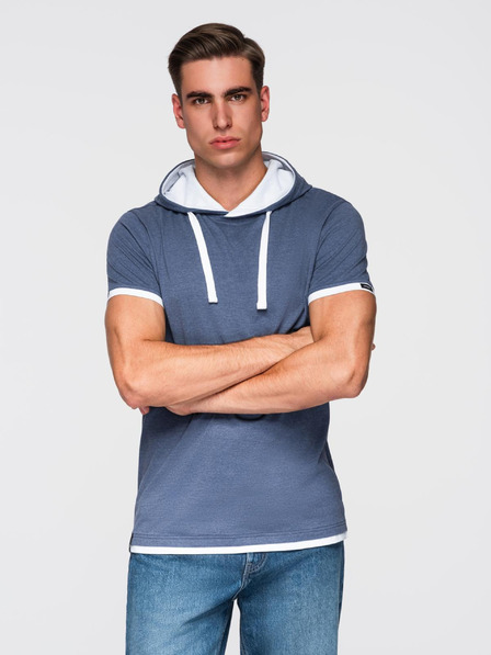 Ombre Clothing Moška bombažna majica s kapuco - temno modra melanž V12 OM-TSCT-0256 Ombre Clothing