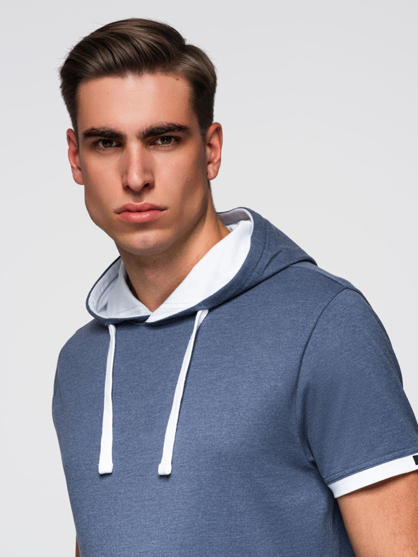 Ombre Clothing Moška bombažna majica s kapuco - temno modra melanž V12 OM-TSCT-0256 Ombre Clothing