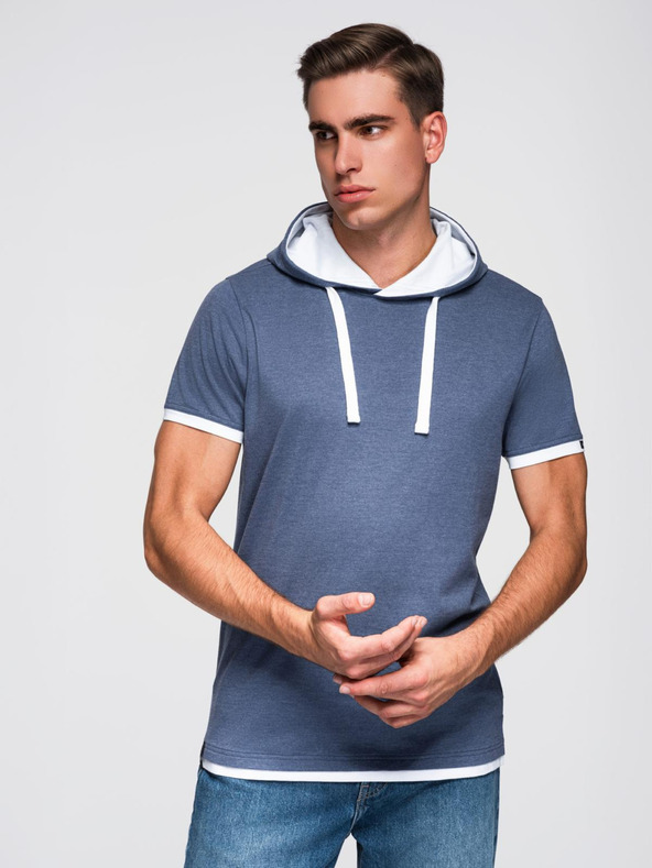 Ombre Clothing Moška bombažna majica s kapuco - temno modra melanž V12 OM-TSCT-0256 Ombre Clothing